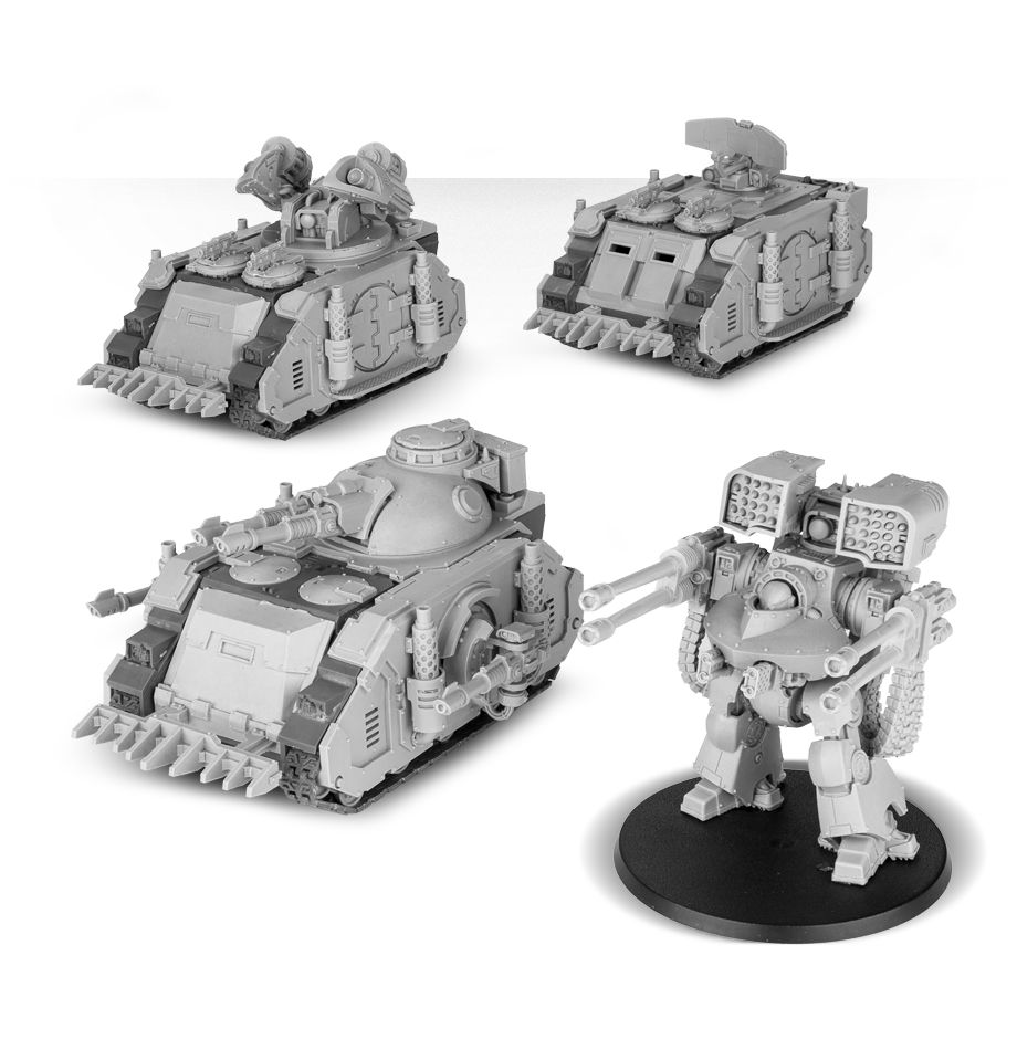 Long Ranged Support - Spearhead Detachment:Deimos Pattern Predator Executioner - x1; Deredeo Dreadnought - x1; Deredeo Dreadnought Anvilus Autocannon Battery -x1;Deredeo Dreadnought Aiolos Missile Launcher - x1;Legion Deimos Pattern Whirlwind Scorpius - x1; Deimos Pattern Damocles Command Rhino - x1.